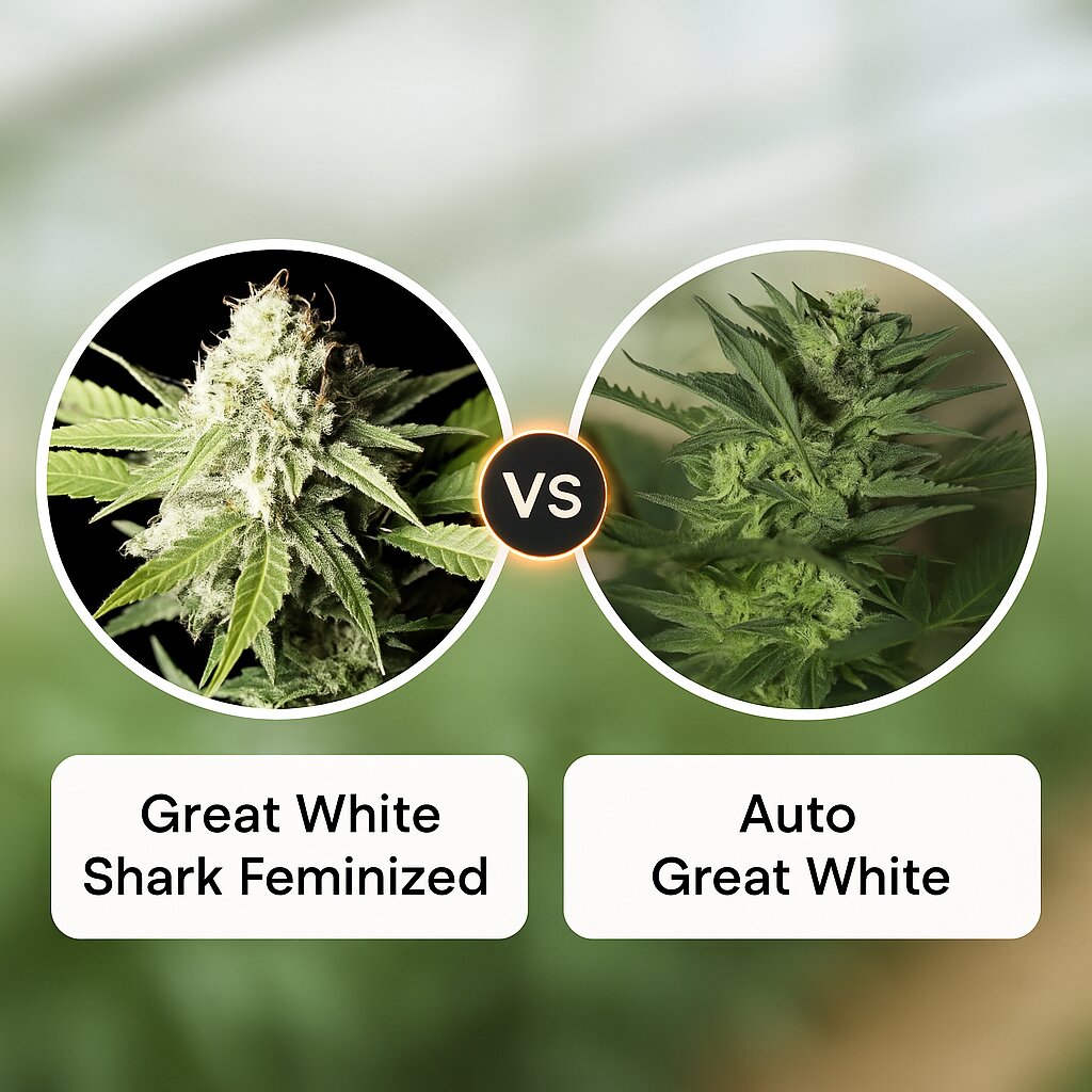 Great White Shark (Greenhouse Seed Co) vs Auto Great White (Seedsman) porównanie nasion konopi