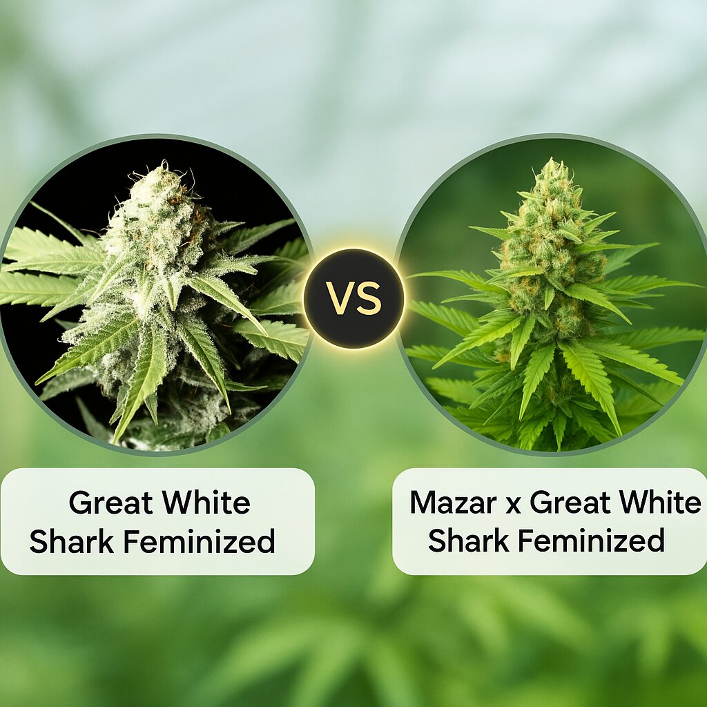 Great White Shark (Greenhouse Seed Co) vs Mazar x Great White Shark (World of Seeds) porównanie nasion konopi