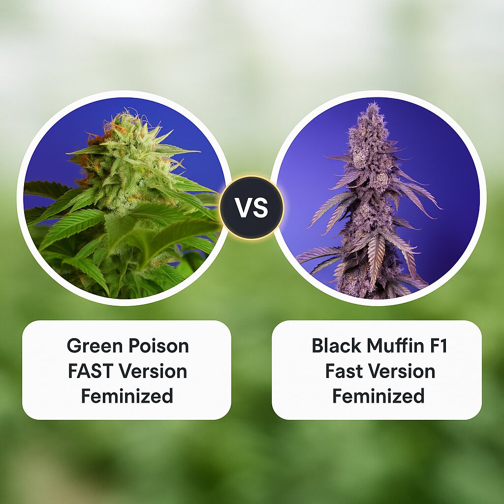 Green Poison FAST Version (Sweet Seeds) vs Black Muffin F1 Fast Version (Sweet Seeds) Porównanie nasion konopi