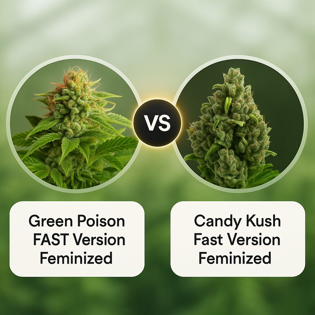 Green Poison FAST Version (Sweet Seeds) vs Candy Kush Fast Version (Royal Queen Seeds) porównanie nasion konopi