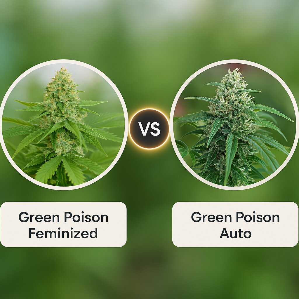 Green Poison (Sweet Seeds) vs Green Poison Auto (Sweet Seeds) porównanie nasion konopi