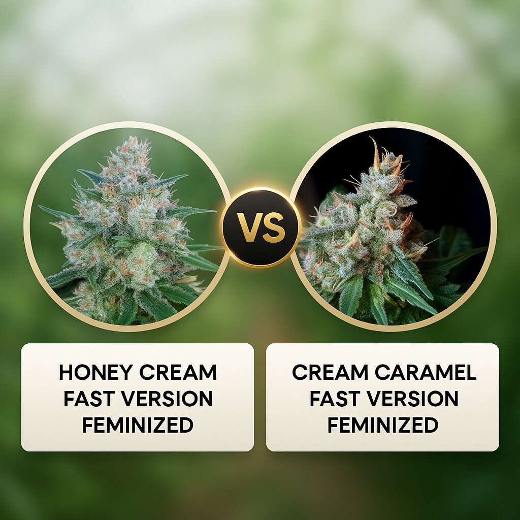Honey Cream Fast Version (Royal Queen Seeds) vs Cream Caramel Fast Version (Sweet Seeds) porównanie nasion konopi