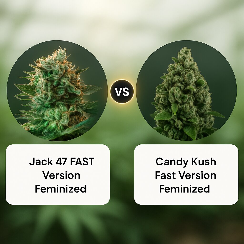 Jack 47 FAST Version (Sweet Seeds) vs Candy Kush Fast Version (Royal Queen Seeds) porównanie nasion konopi
