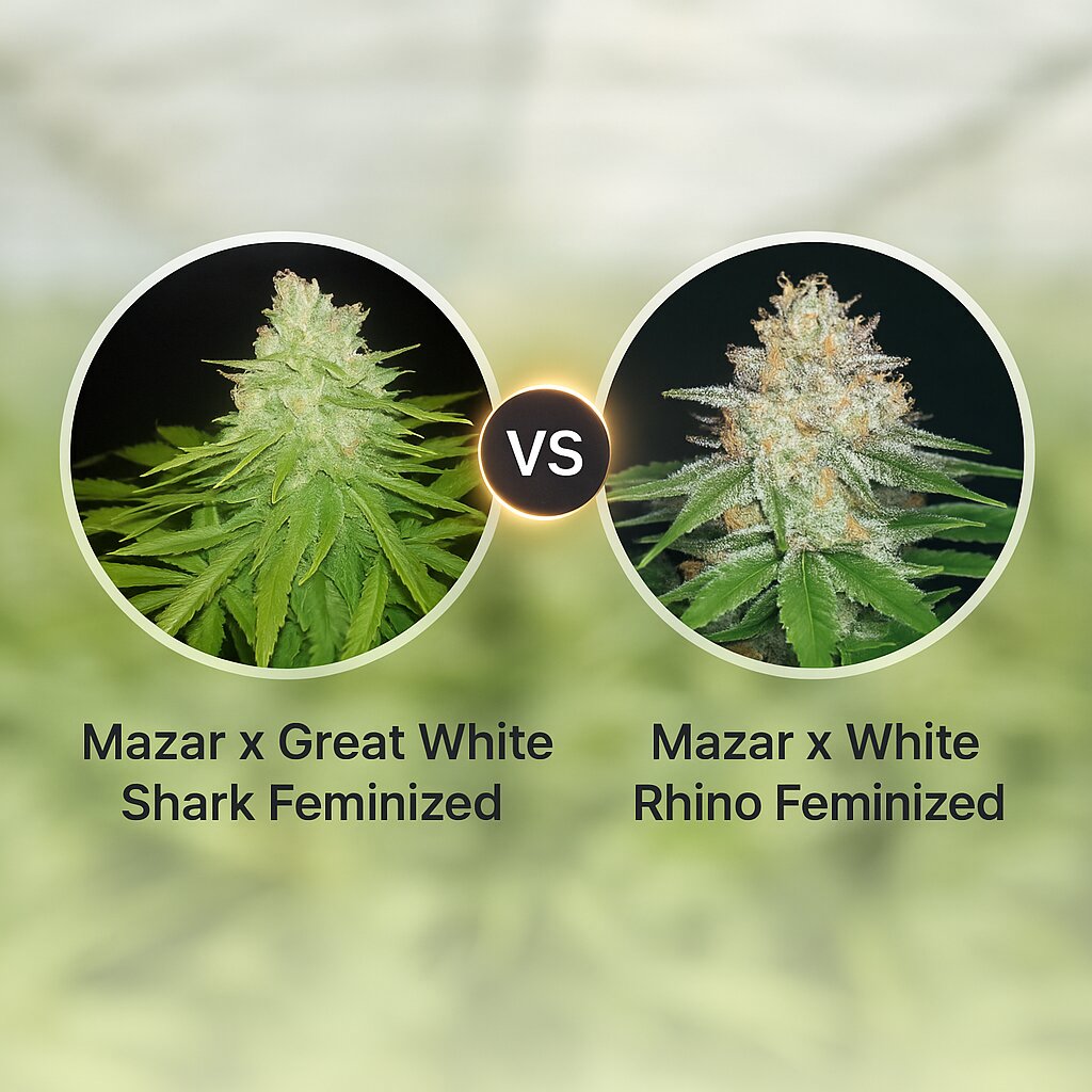 Mazar x Great White Shark (World of Seeds) vs Mazar x White Rhino (World of Seeds) porównanie nasion konopi
