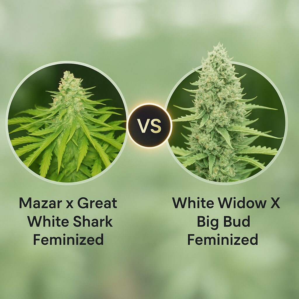 Mazar x Great White Shark (World of Seeds) vs White Widow X Big Bud (Female Seeds) porównanie nasion konopi