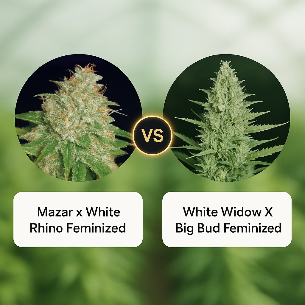 Mazar x White Rhino (World of Seeds) vs White Widow X Big Bud (Female Seeds) Porównanie nasion konopi