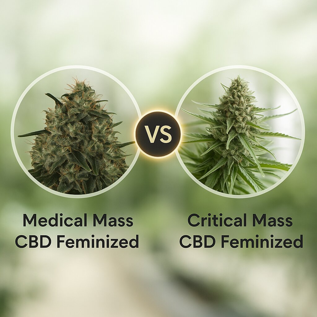 Medical Mass CBD (Royal Queen Seeds) vs Critical Mass CBD (DinaFem Seeds) porównanie nasion konopi