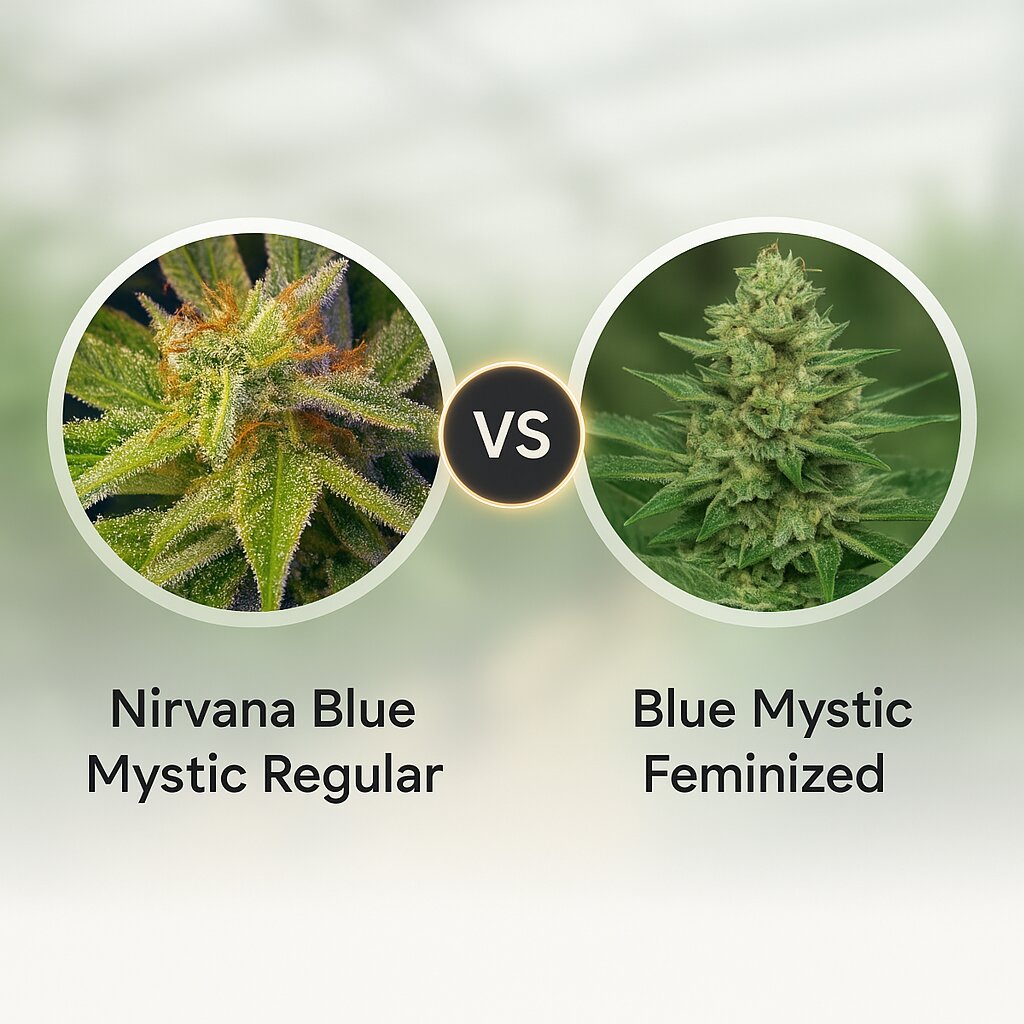 Nirvana Blue Mystic (Nirvana Seeds) vs Blue Mystic (Royal Queen Seeds) porównanie nasion konopi