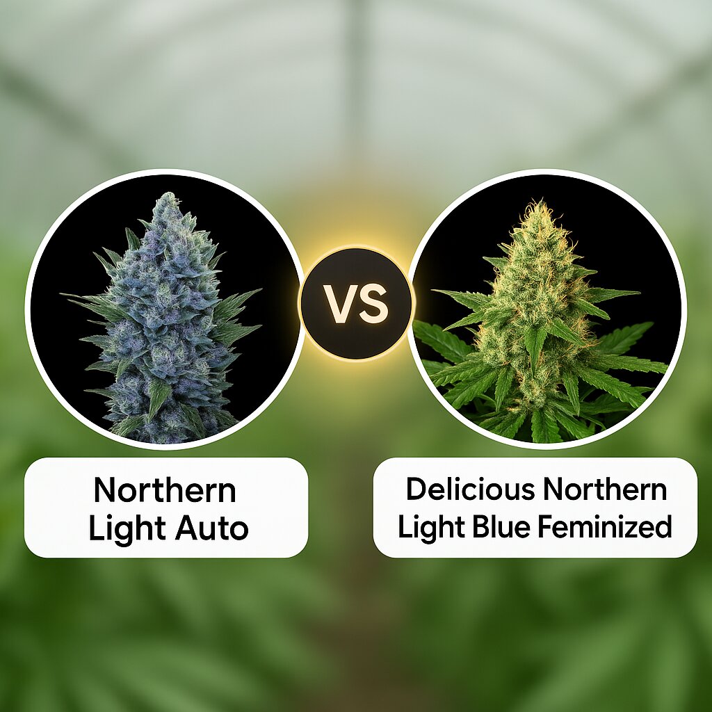 Northern Light Auto (Royal Queen Seeds) vs Delicious Northern Light Blue (Delicious Seeds) porównanie nasion konopi
