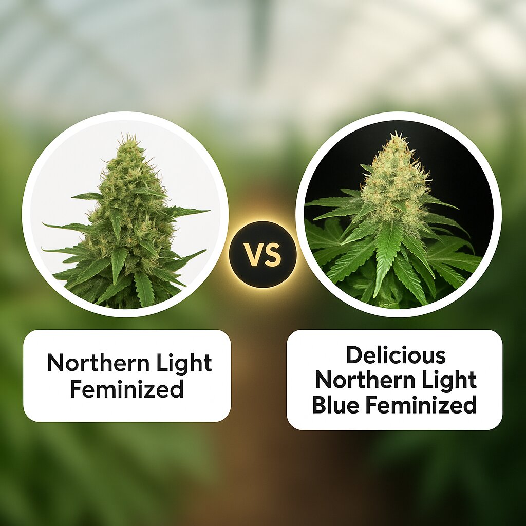 Northern Light (Royal Queen Seeds) vs Delicious Northern Light Blue (Delicious Seeds) porównanie nasion konopi