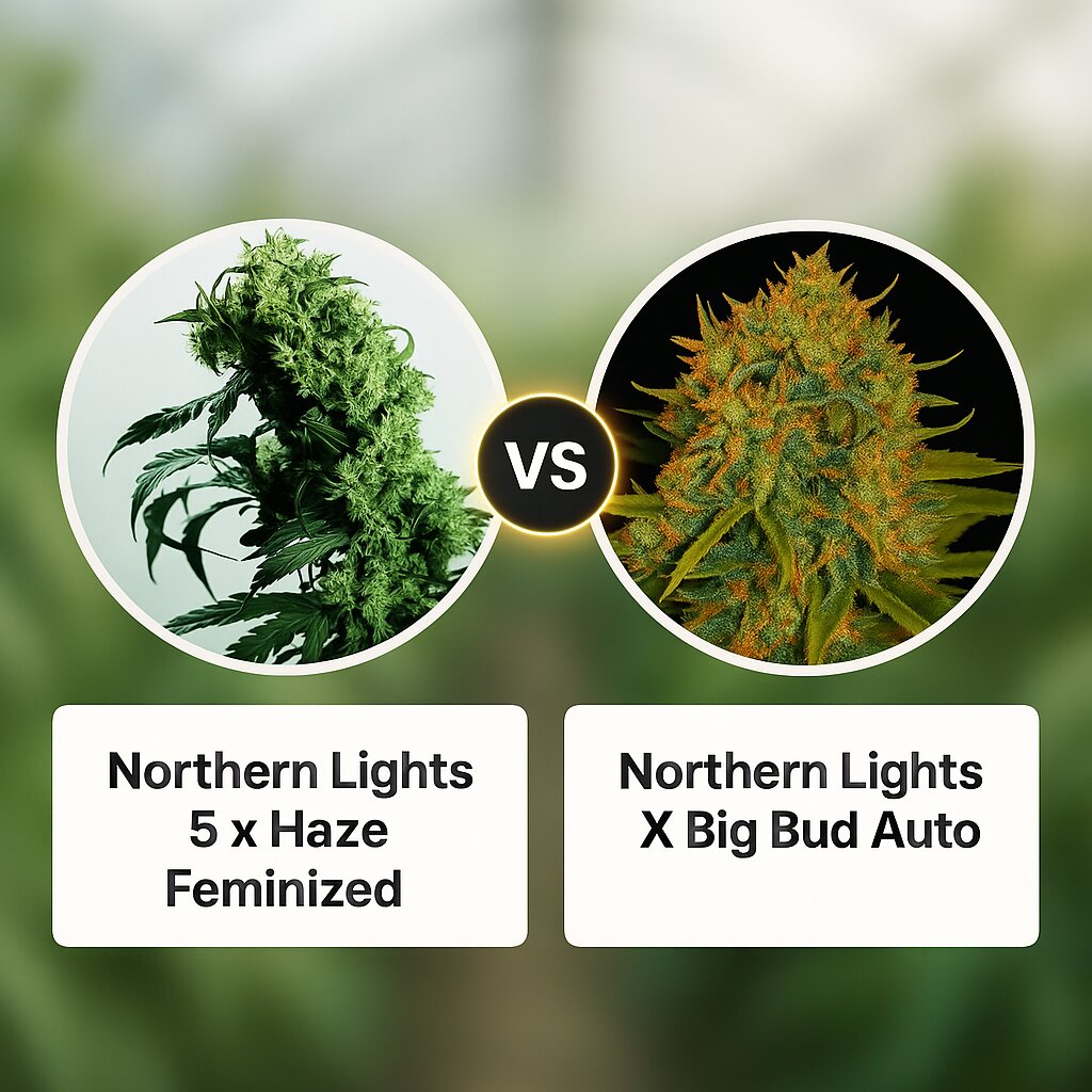 Northern Lights 5 x Haze (Sensi Seeds) vs Northern Lights X Big Bud Auto (World of Seeds) porównanie nasion konopi