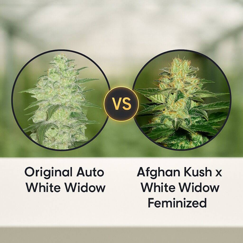 Original Auto White Widow (FastBuds) vs Afghan Kush x White Widow (World of Seeds) porównanie nasion konopi