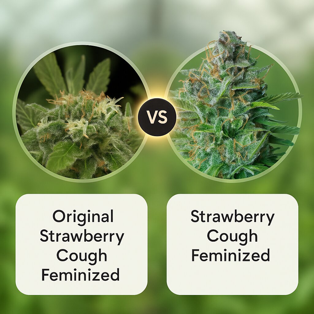 Original Strawberry Cough (DinaFem Seeds) vs Strawberry Cough (Royal Queen Seeds) porównanie nasion konopi