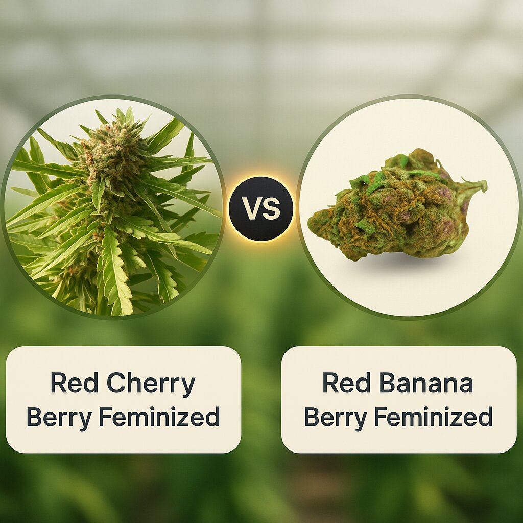 Red Cherry Berry (Barneys Farm) vs Red Banana Berry (Growers Choice) porównanie nasion konopi