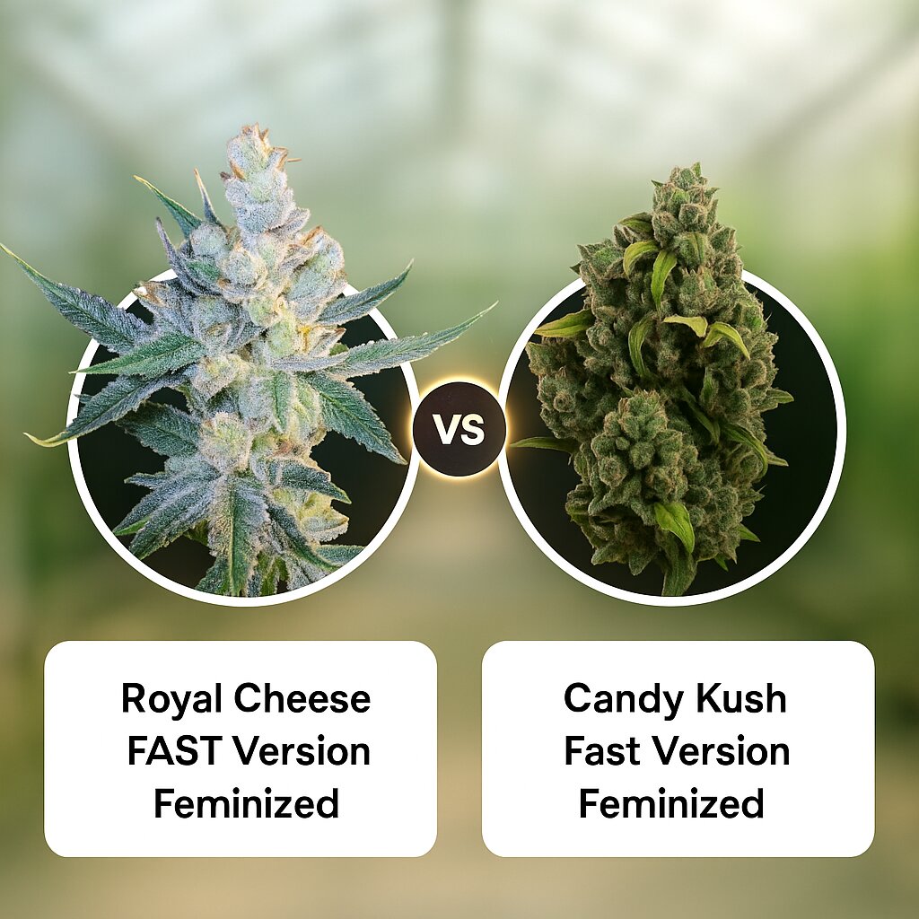 Royal Cheese FAST Version (Royal Queen Seeds) vs Candy Kush Fast Version (Royal Queen Seeds) porównanie nasion konopi