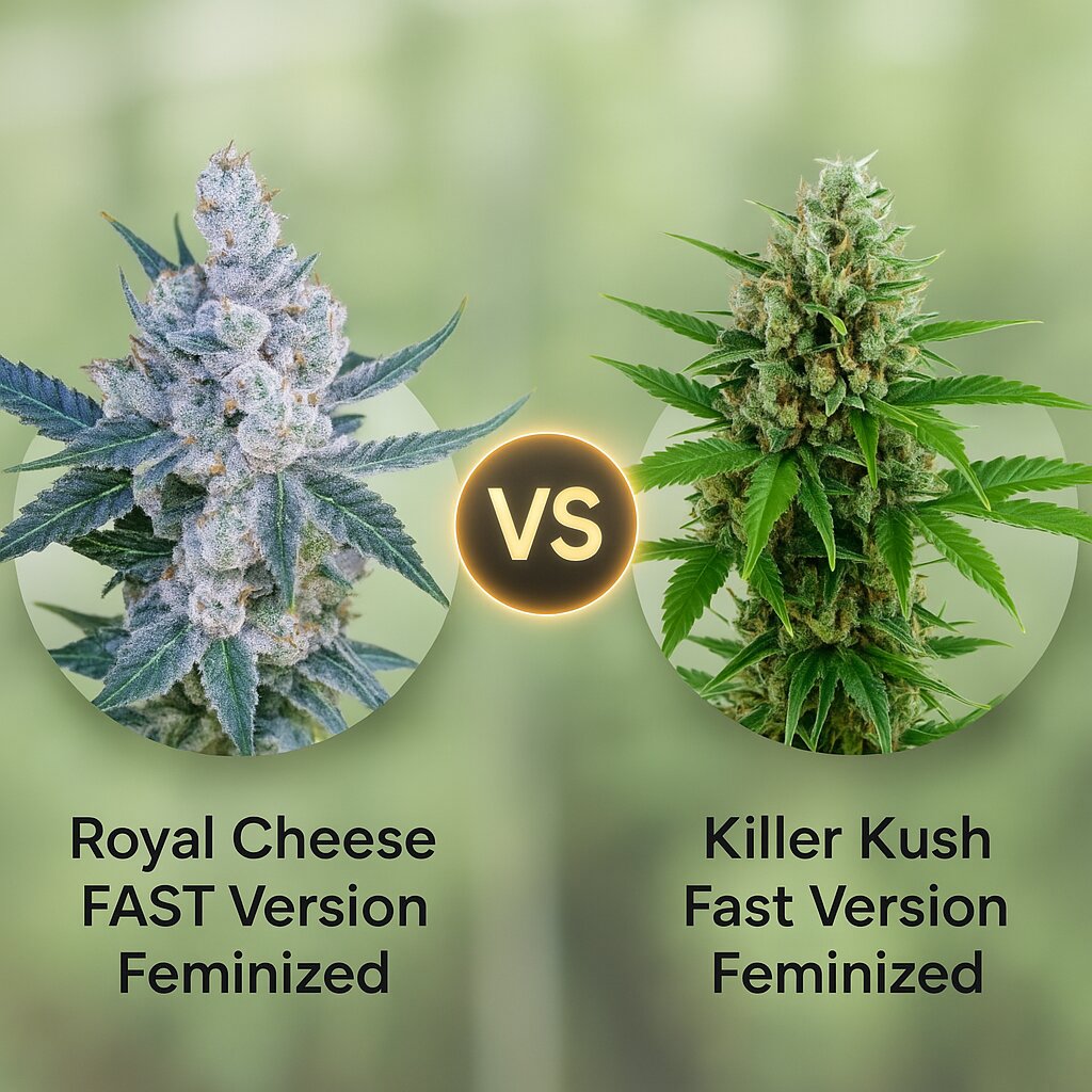 Royal Cheese FAST Version (Royal Queen Seeds) vs Killer Kush Fast Version (Sweet Seeds) porównanie nasion konopi