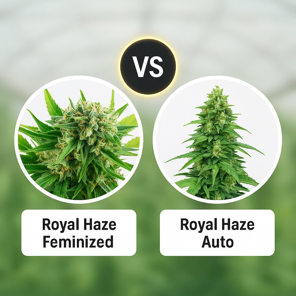 Royal Haze (DinaFem Seeds) vs Royal Haze Auto (Royal Queen Seeds) porównanie nasion konopi
