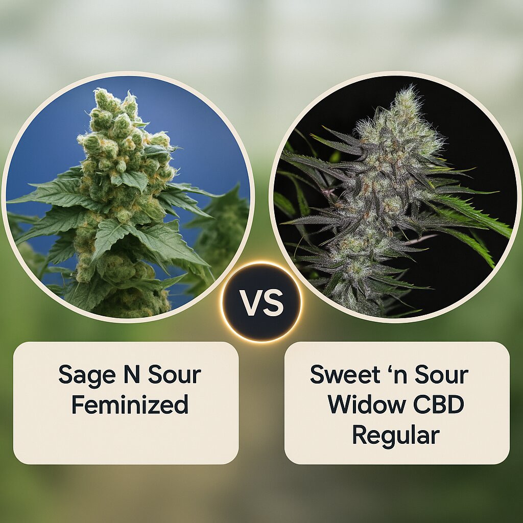 Sage N Sour (TH Seeds) vs Sweet 'n Sour Widow CBD (CBD Crew) porównanie nasion konopi