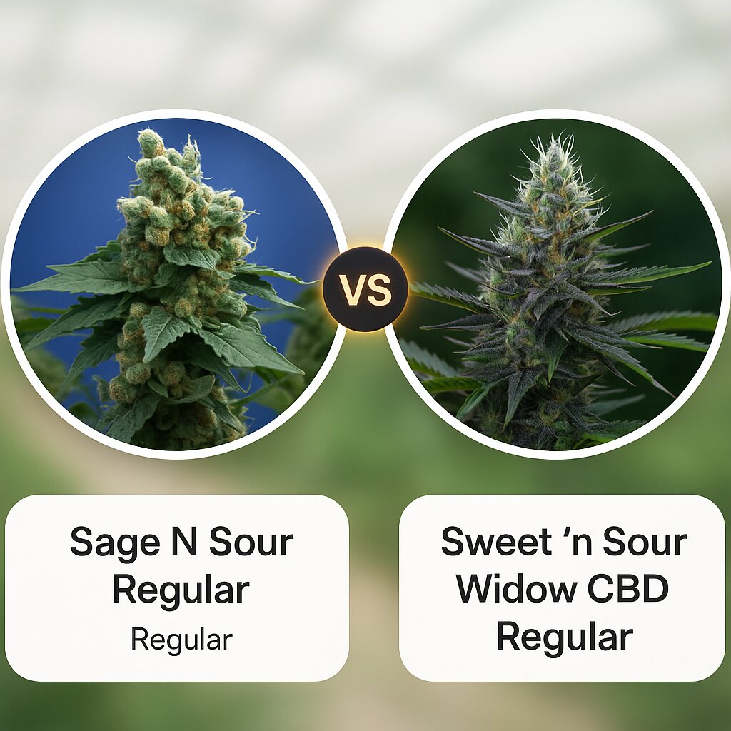 Sage N Sour (TH Seeds) vs Sweet 'n Sour Widow CBD (CBD Crew) porównanie nasion konopi