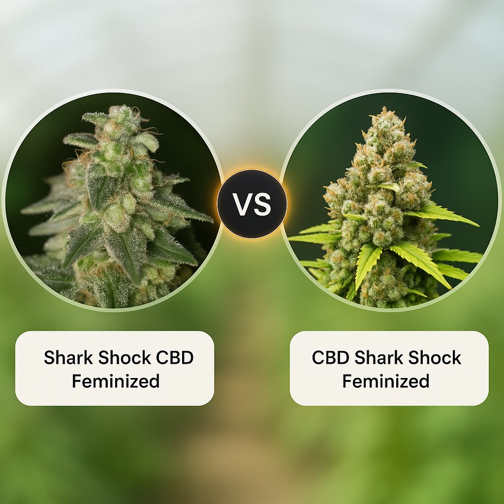 Shark Shock CBD (DinaFem Seeds) vs CBD Shark Shock (Seedsman) porównanie nasion konopi