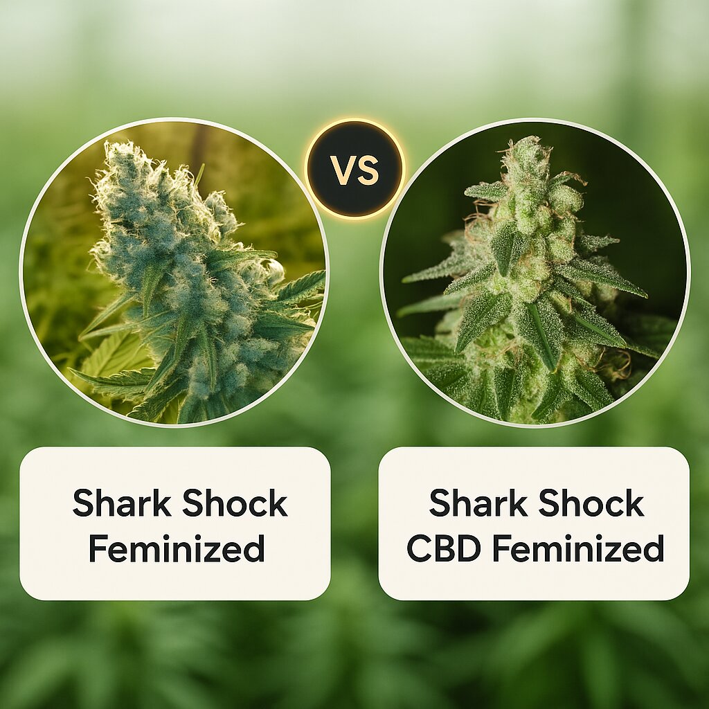 Shark Shock (CBD Crew) vs Shark Shock CBD (DinaFem Seeds) porównanie nasion konopi