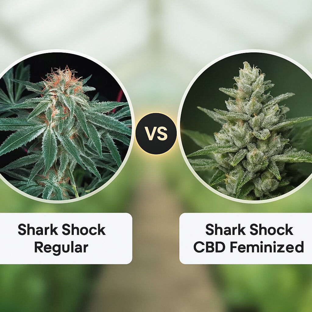 Shark Shock (Mr Nice Seedbank) vs Shark Shock CBD (DinaFem Seeds) porównanie nasion konopi