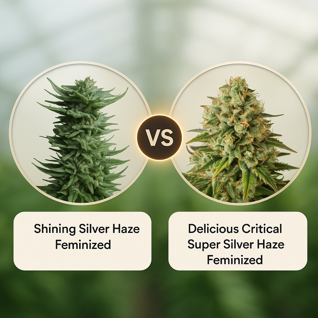 Shining Silver Haze (Royal Queen Seeds) vs Delicious Critical Super Silver Haze (Delicious Seeds) porównanie nasion konopi