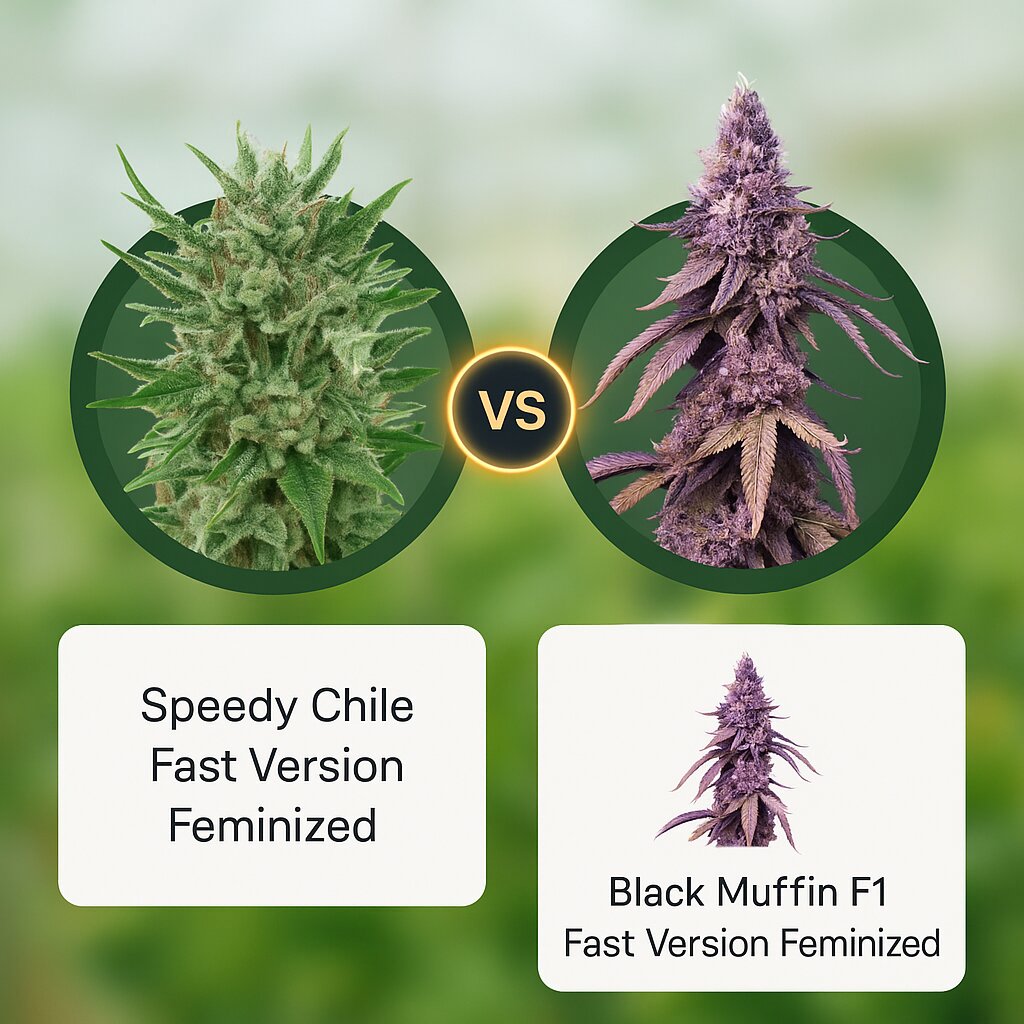 Speedy Chile Fast Version (Royal Queen Seeds) vs Black Muffin F1 Fast Version (Sweet Seeds) porównanie nasion konopi