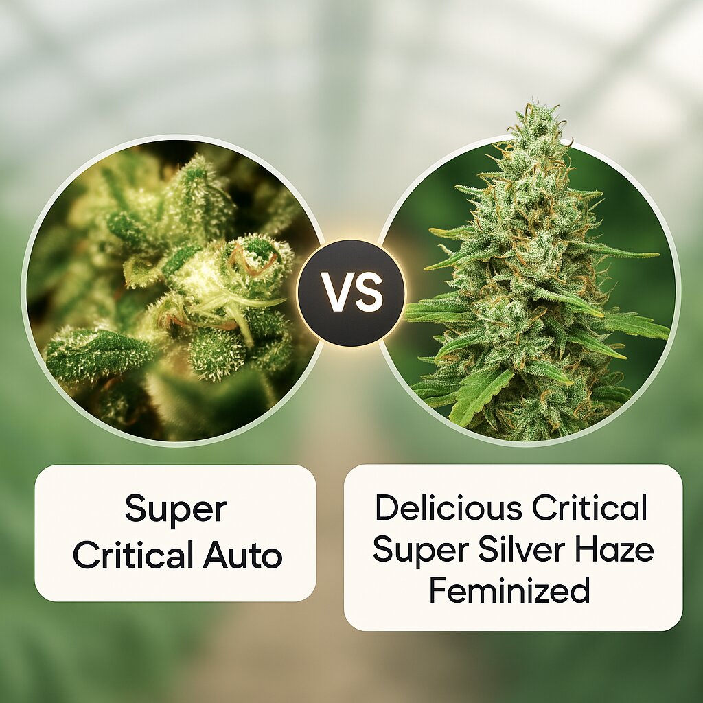 Super Critical Auto (Greenhouse Seed Co) vs Delicious Critical Super Silver Haze (Delicious Seeds) porównanie nasion konopi