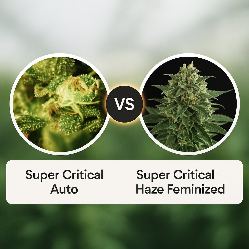Super Critical Auto (Greenhouse Seed Co) vs Super Critical Haze (DinaFem Seeds) porównanie nasion konopi