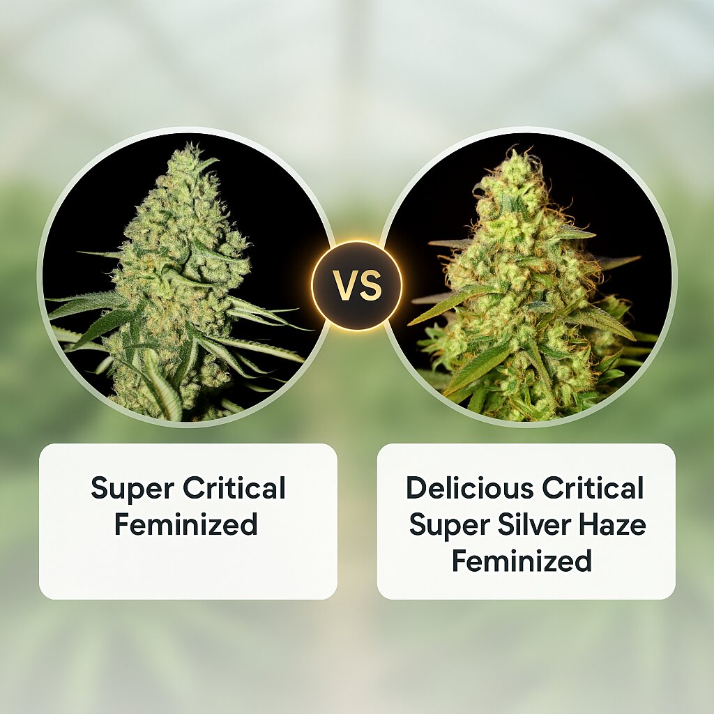 Super Critical (Greenhouse Seed Co) vs Delicious Critical Super Silver Haze (Delicious Seeds) porównanie nasion konopi