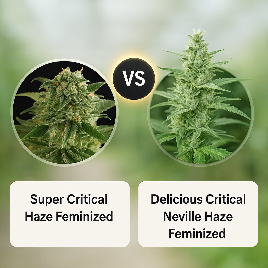 Super Critical Haze (DinaFem Seeds) vs Delicious Critical Neville Haze (Delicious Seeds) porównanie nasion konopi