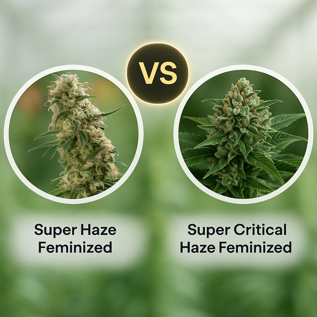 Super Haze (Dutch Passion) vs Super Critical Haze (DinaFem Seeds) Porównanie nasion konopi