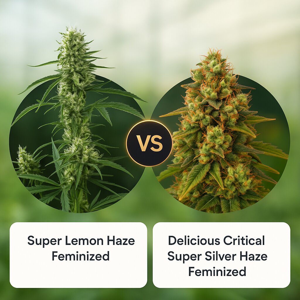 Super Lemon Haze (Greenhouse Seed Co) vs Delicious Critical Super Silver Haze (Delicious Seeds) porównanie nasion konopi
