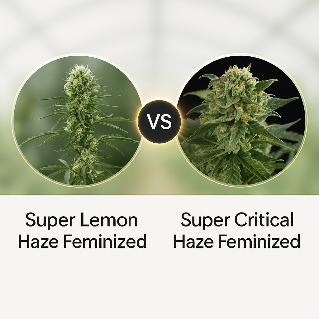 Super Lemon Haze (Greenhouse Seed Co) vs Super Critical Haze (DinaFem Seeds) porównanie nasion konopi