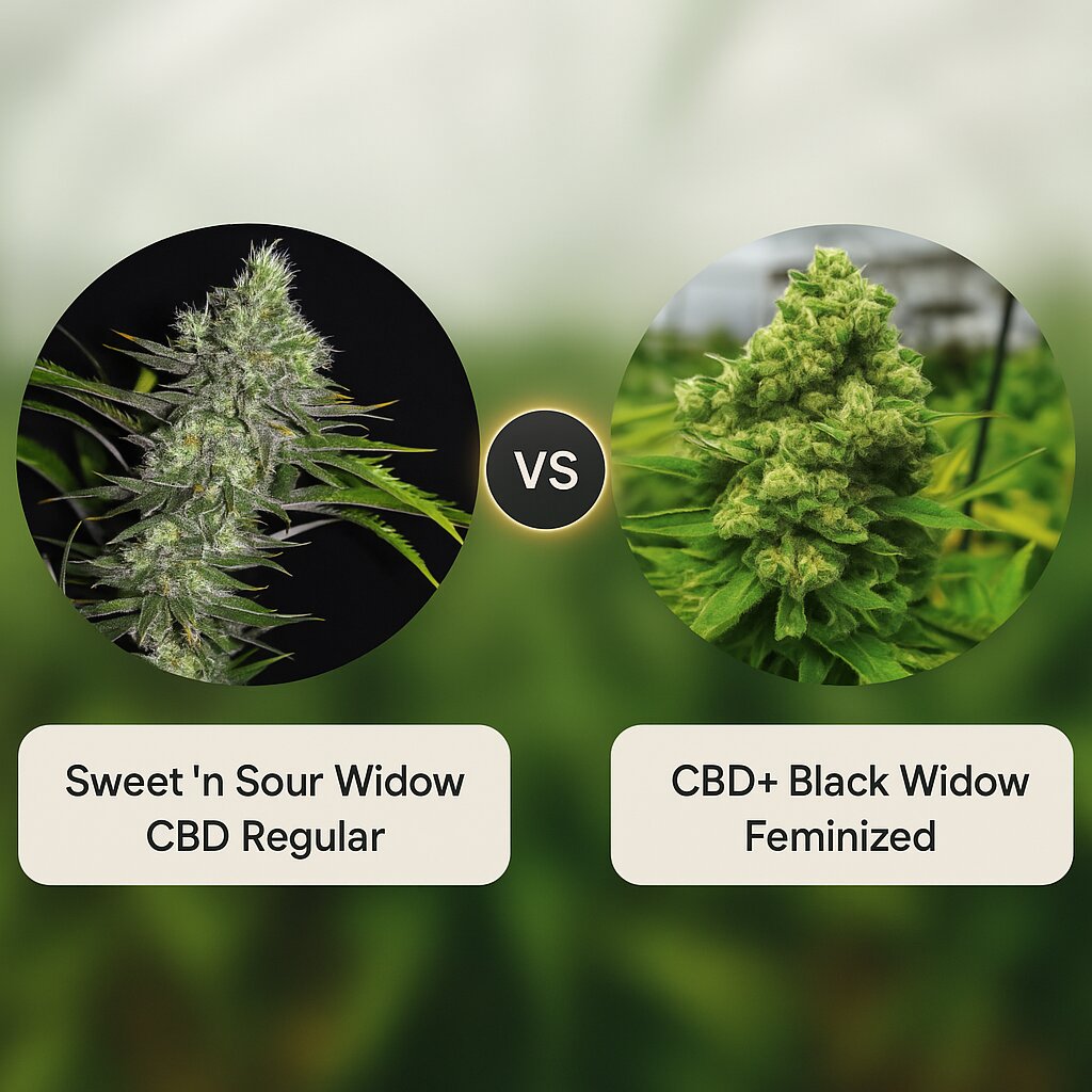 Sweet 'n Sour Widow CBD (CBD Crew) vs CBD+ Black Widow (Positronics) porównanie nasion konopi