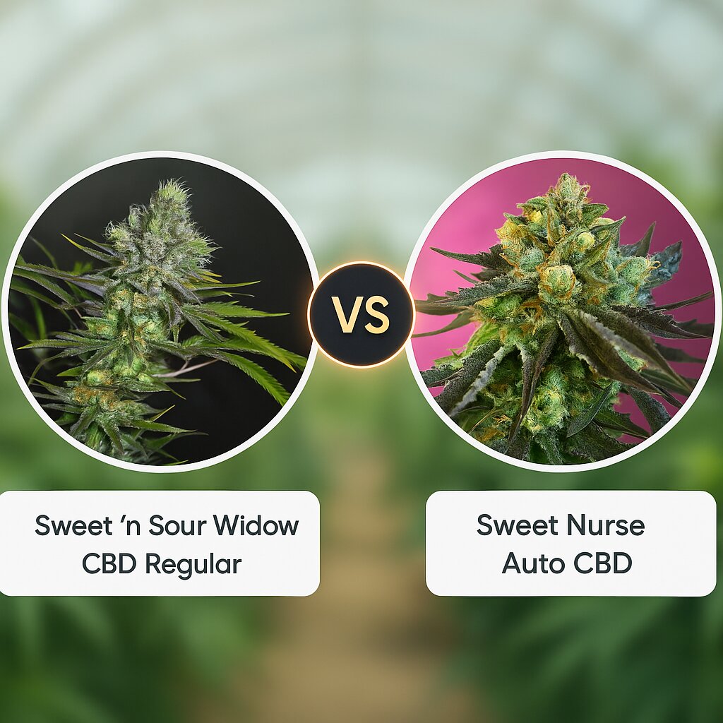 Sweet 'n Sour Widow CBD (CBD Crew) vs Sweet Nurse Auto CBD (Sweet Seeds) porównanie nasion konopi