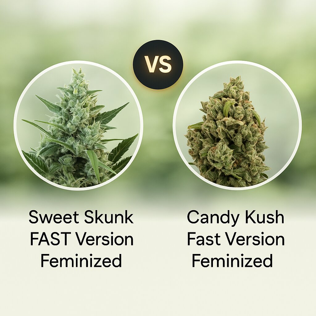 Sweet Skunk FAST Version (Sweet Seeds) vs Candy Kush Fast Version (Royal Queen Seeds) porównanie nasion konopi