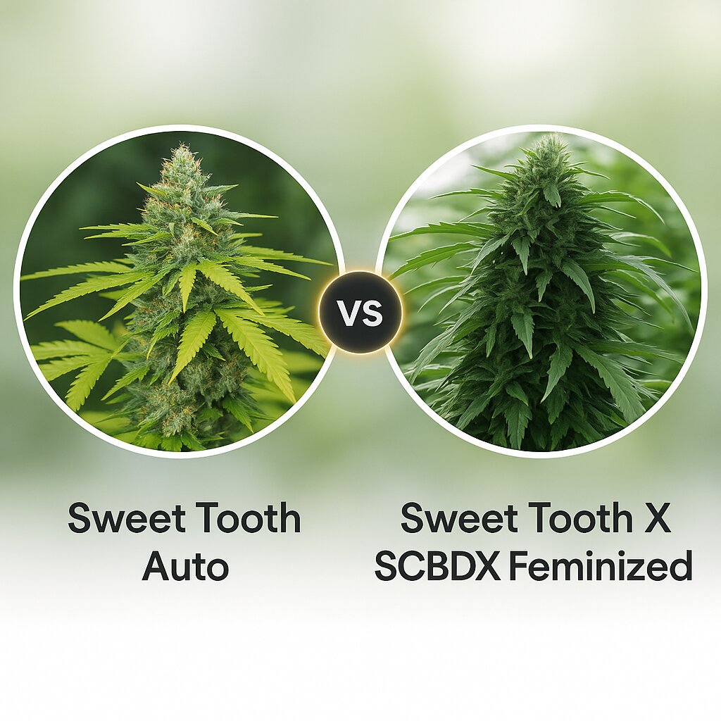 Sweet Tooth Auto (Barneys Farm) vs Sweet Tooth X SCBDX (SuperCBDx) porównanie nasion konopi
