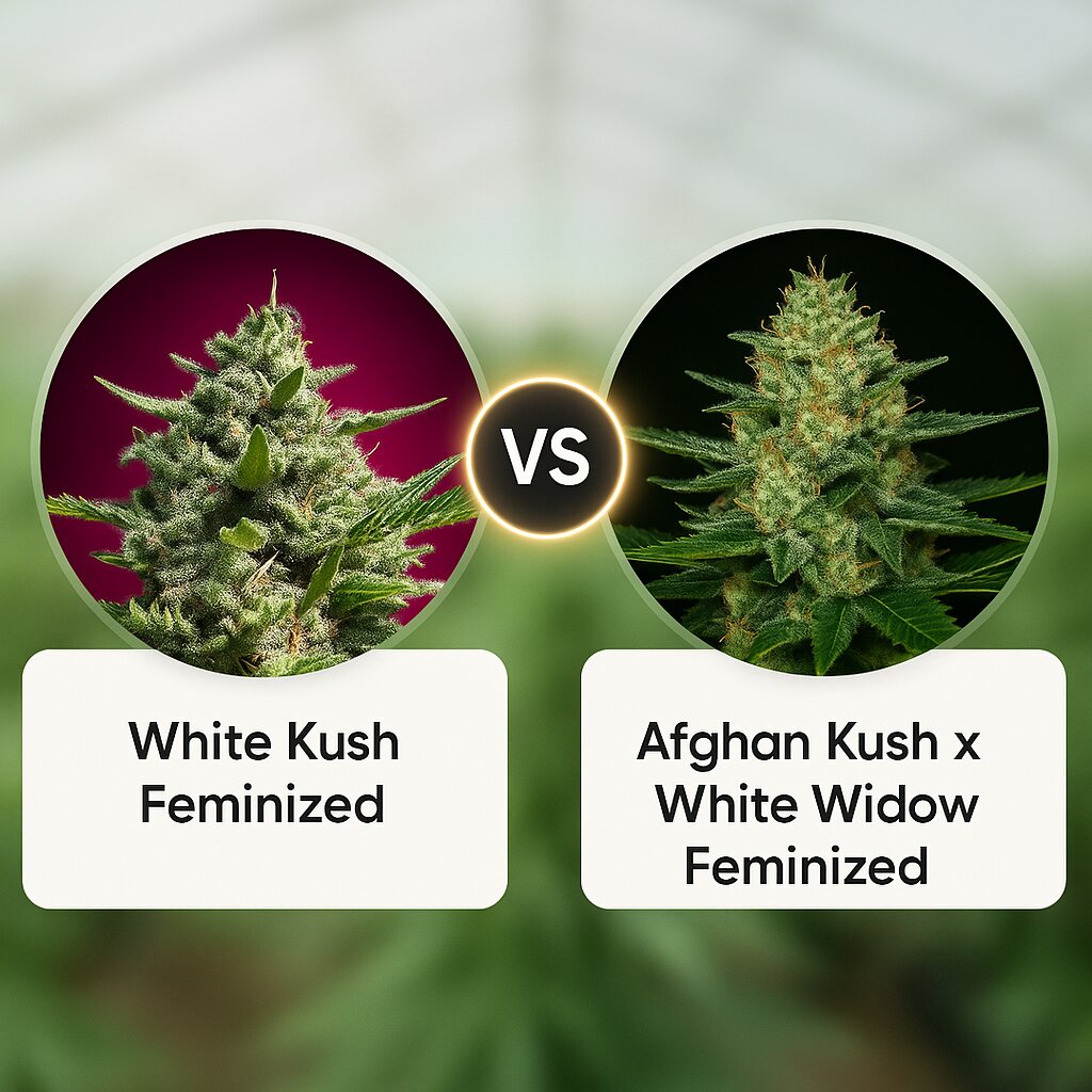 White Kush (Advanced Seeds) vs Afghan Kush x White Widow (World of Seeds) porównanie nasion konopi