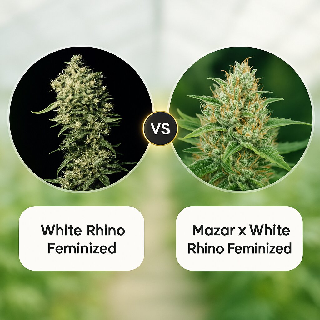 White Rhino (Greenhouse Seed Co) vs Mazar x White Rhino (World of Seeds) porównanie nasion konopi
