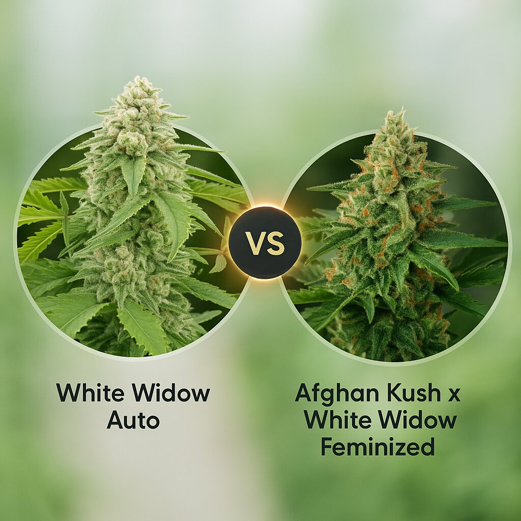 White Widow Auto (DinaFem Seeds) vs Afghan Kush x White Widow (World of Seeds) porównanie nasion konopi