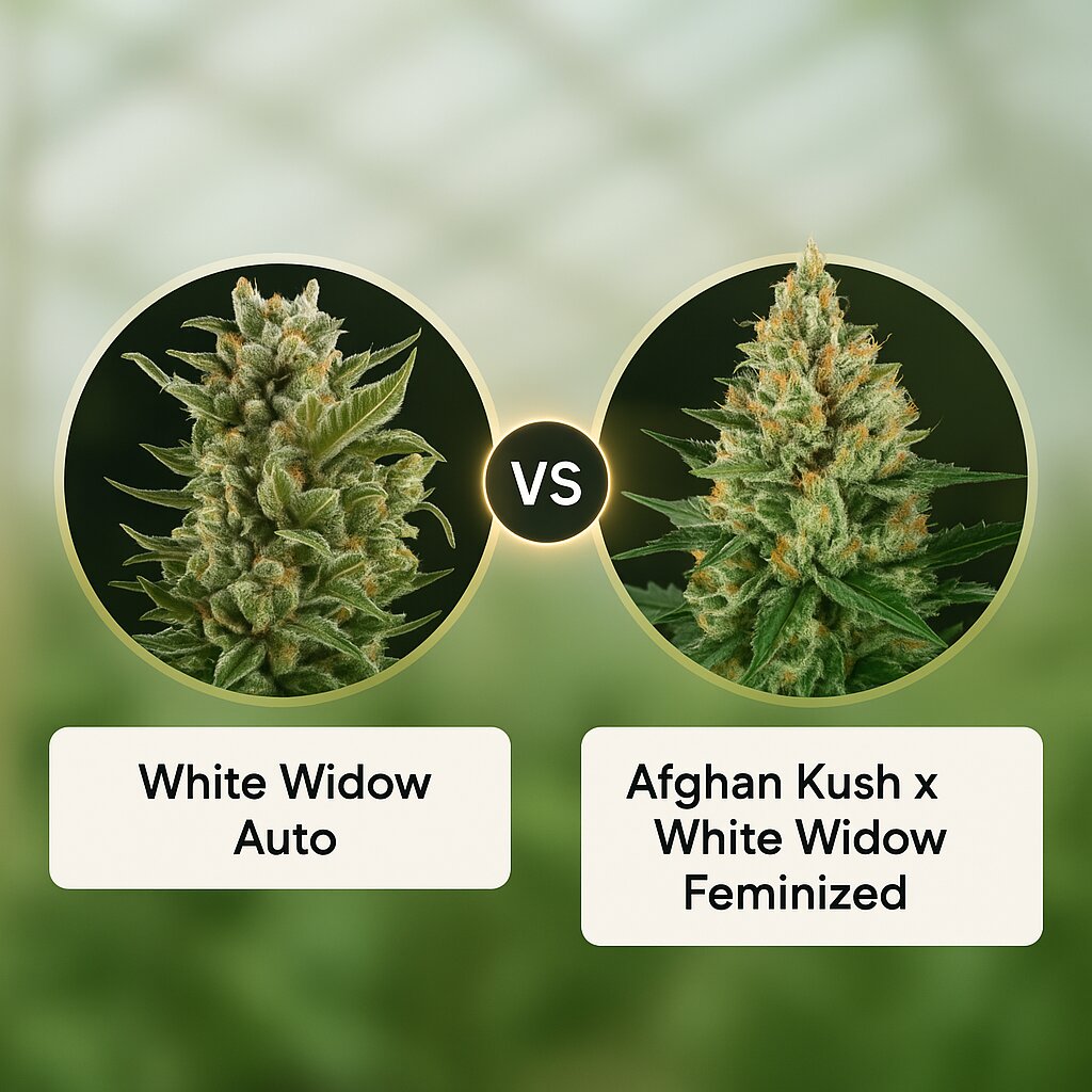 White Widow Auto (Royal Queen Seeds) vs Afghan Kush x White Widow (World of Seeds) porównanie nasion konopi