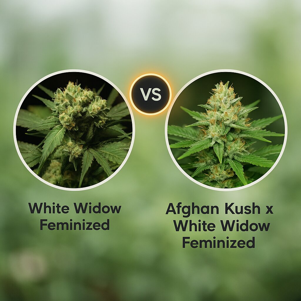 White Widow (Bulldog Seeds) vs Afghan Kush x White Widow (World of Seeds) porównanie nasion konopi