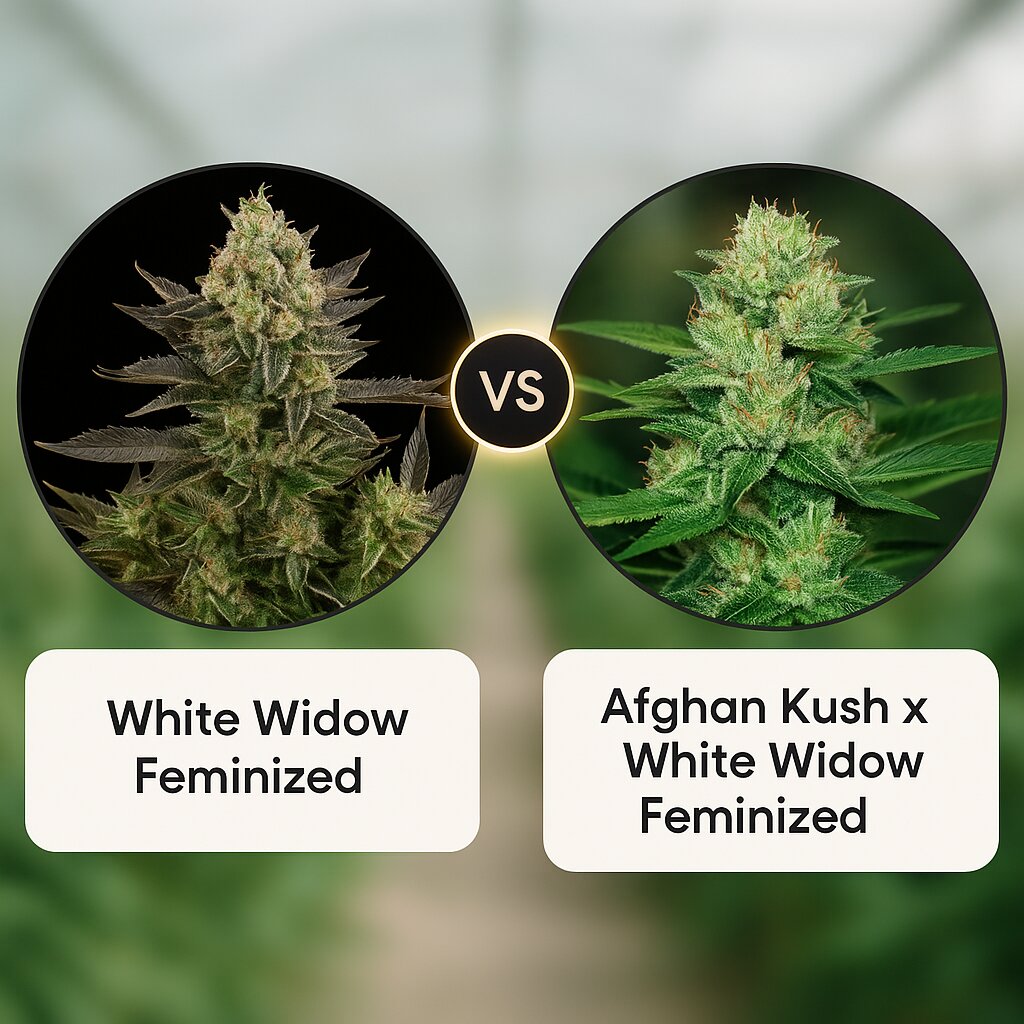 White Widow (DinaFem Seeds) vs Afghan Kush x White Widow (World of Seeds) porównanie nasion konopi