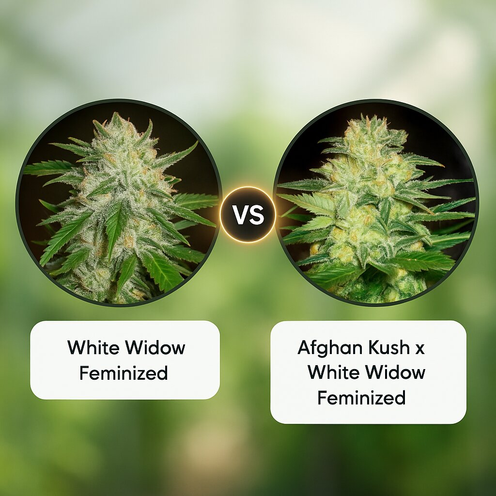 White Widow (Dutch Passion) vs Afghan Kush x White Widow (World of Seeds) porównanie nasion konopi