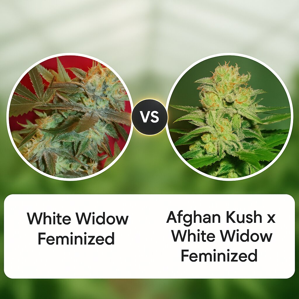 White Widow (Female Seeds) vs Afghan Kush x White Widow (World of Seeds) porównanie nasion konopi