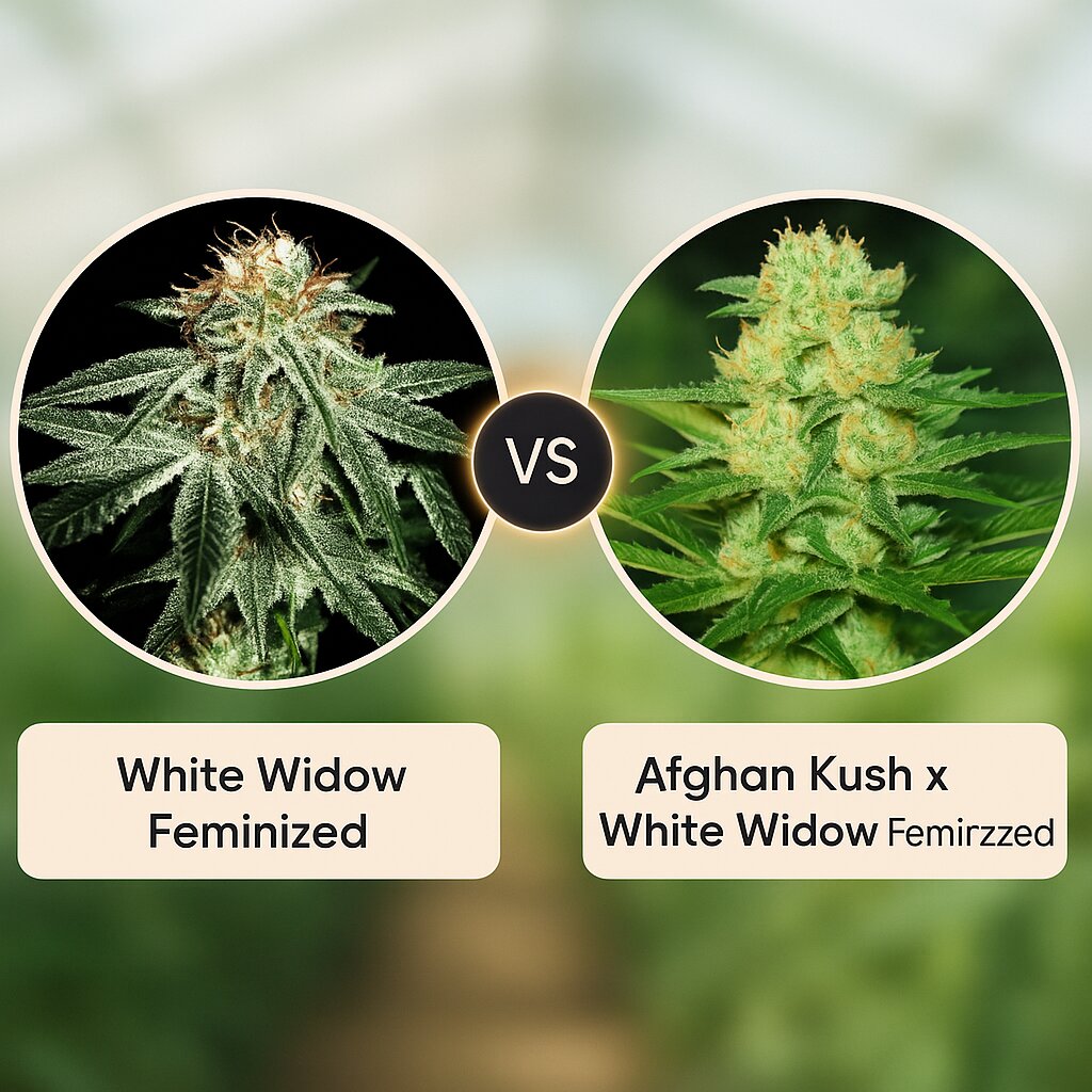 White Widow (Greenhouse Seed Co) vs Afghan Kush x White Widow (World of Seeds) porównanie nasion konopi