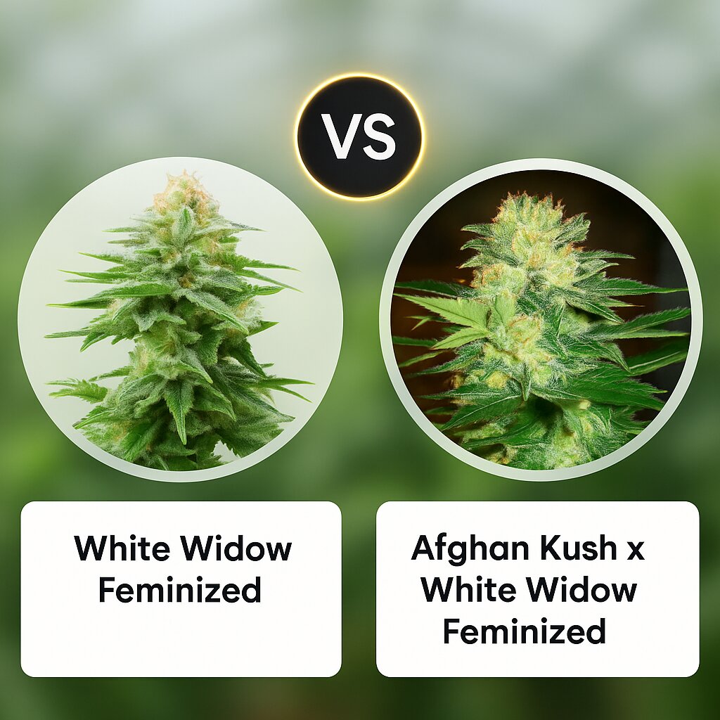 White Widow (Royal Queen Seeds) vs Afghan Kush x White Widow (World of Seeds) porównanie nasion konopi