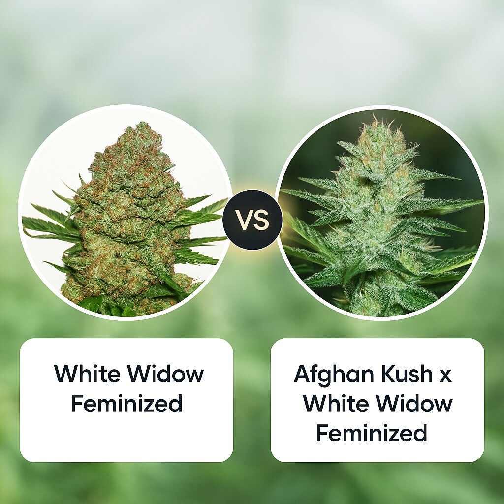 White Widow (Seed Stockers) vs Afghan Kush x White Widow (World of Seeds) porównanie nasion konopi